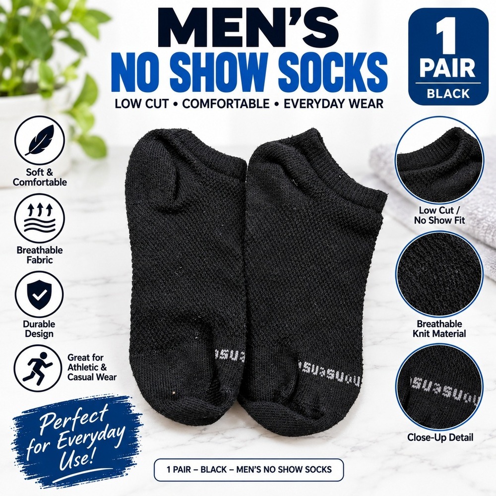 Mens No Show Socks Black Low Cut Breathable Knit Athletic Casual 1 Pair